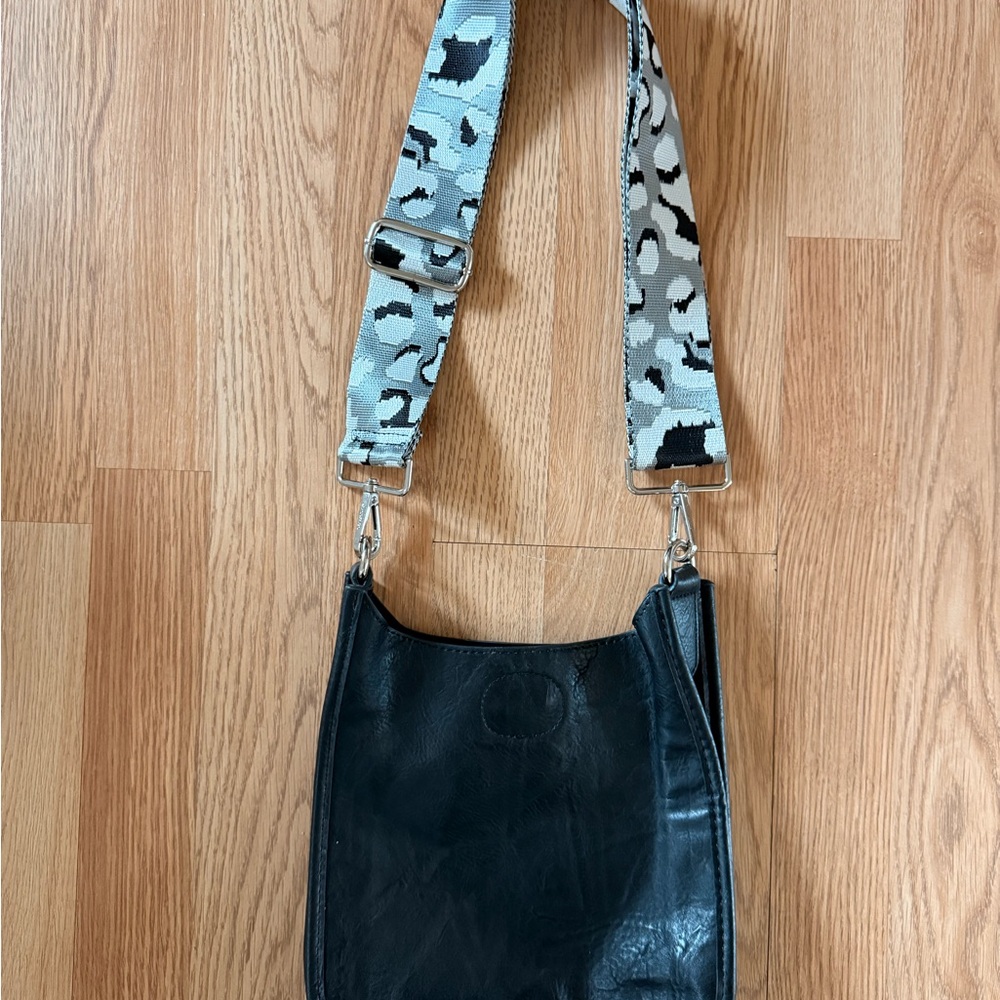 Black Leather Crossbody Bag with Patterned Interchangeable Strap